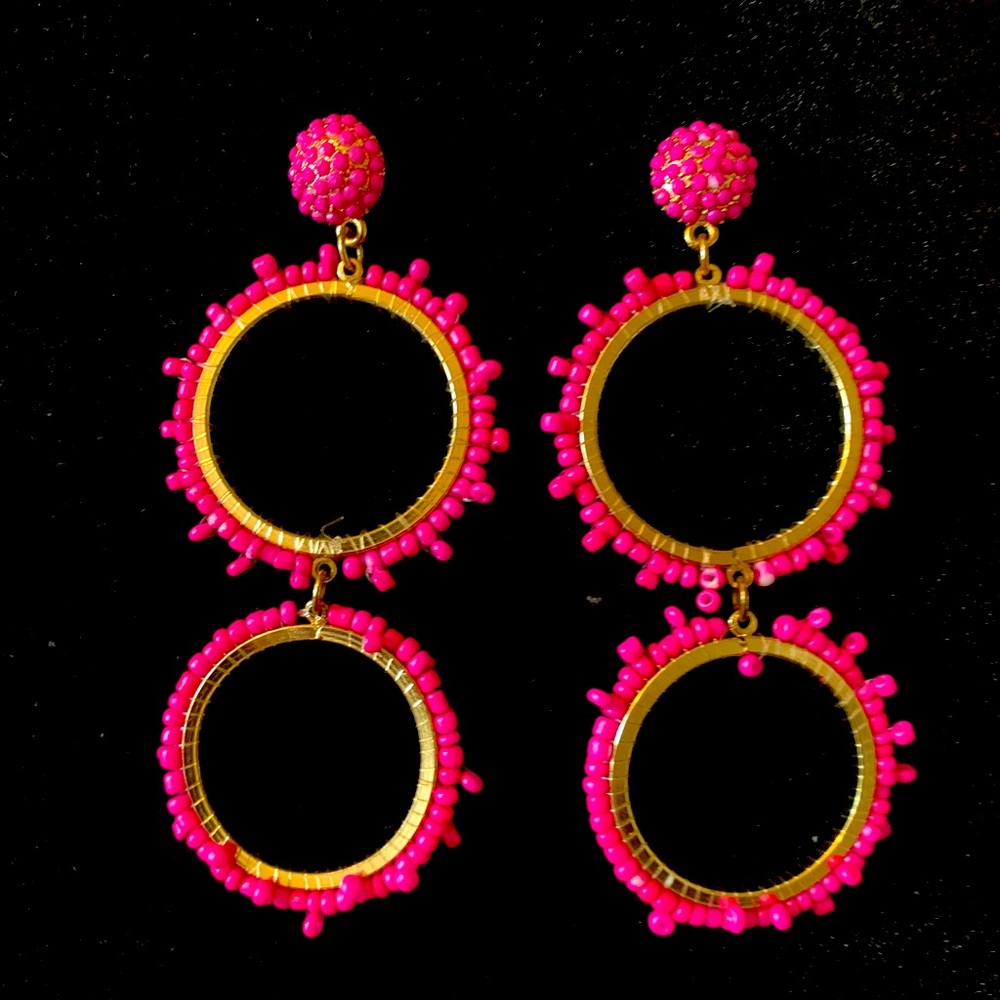 Hot pink and gold double circle earrings